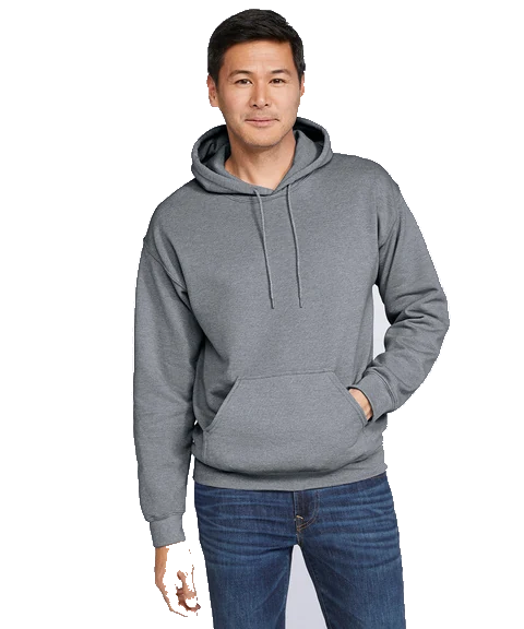Adult model wearing a grey hoodie