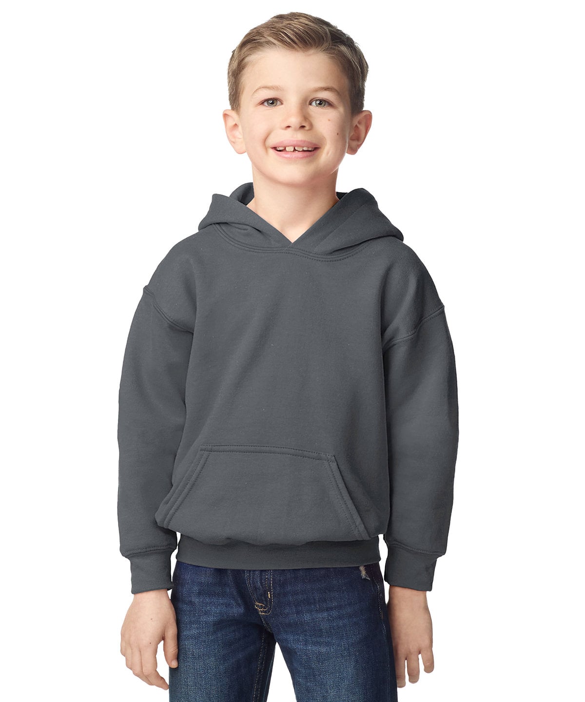 Child wearing a grey hoodie